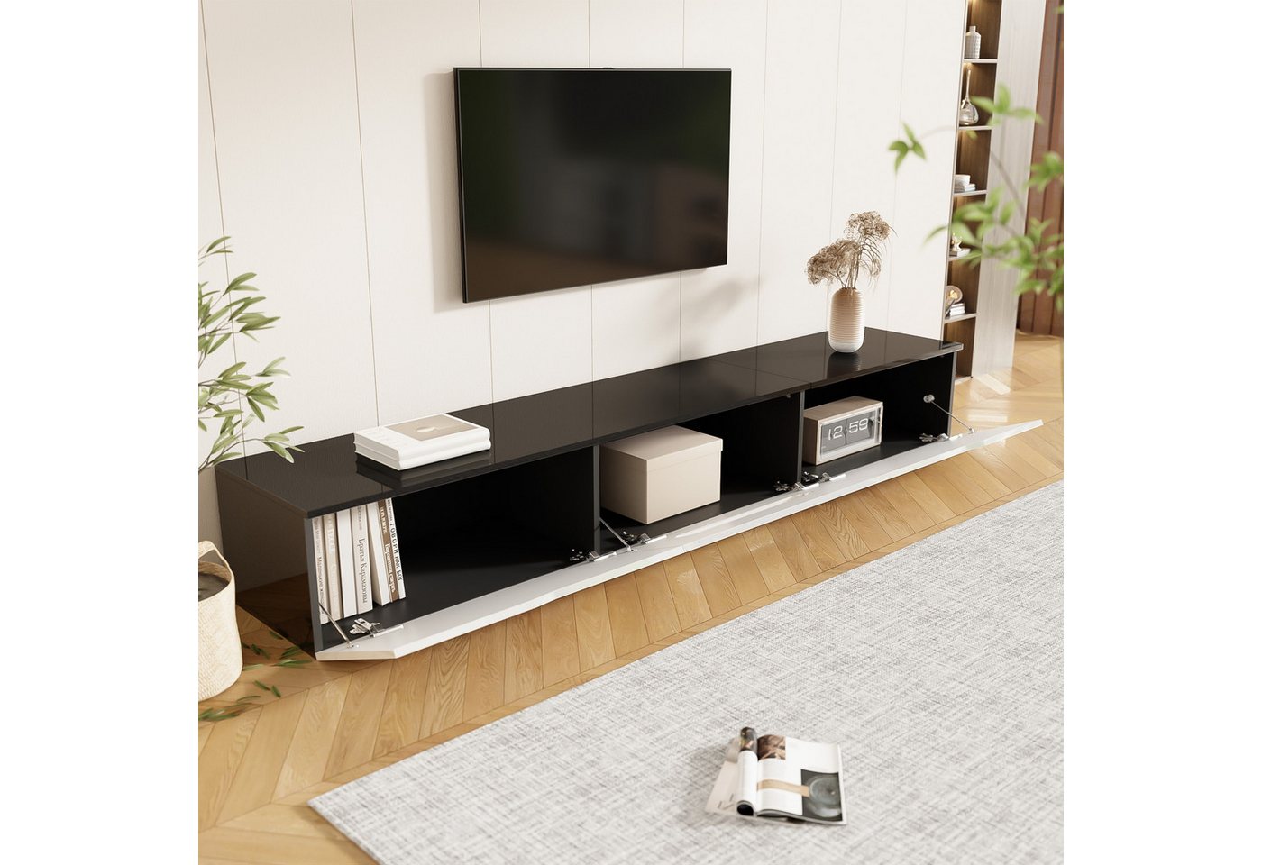 Ulife Lowboard TV hängend, TV-Schrank mit Hochglanzoberfläche, 180cm, wandmontierbar oder bodenmontierbar, mit 16-farbiger LED-Beleuchtung – Bild 5 von 5