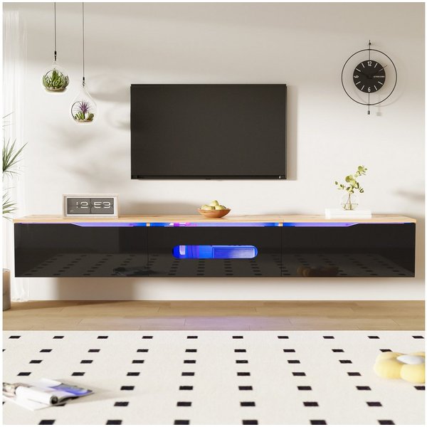 Ulife Lowboard TV hängend, TV-Schrank mit Hochglanzoberfläche, 180cm, wandmontierbar oder bodenmontierbar, mit 16-farbiger LED-Beleuchtung