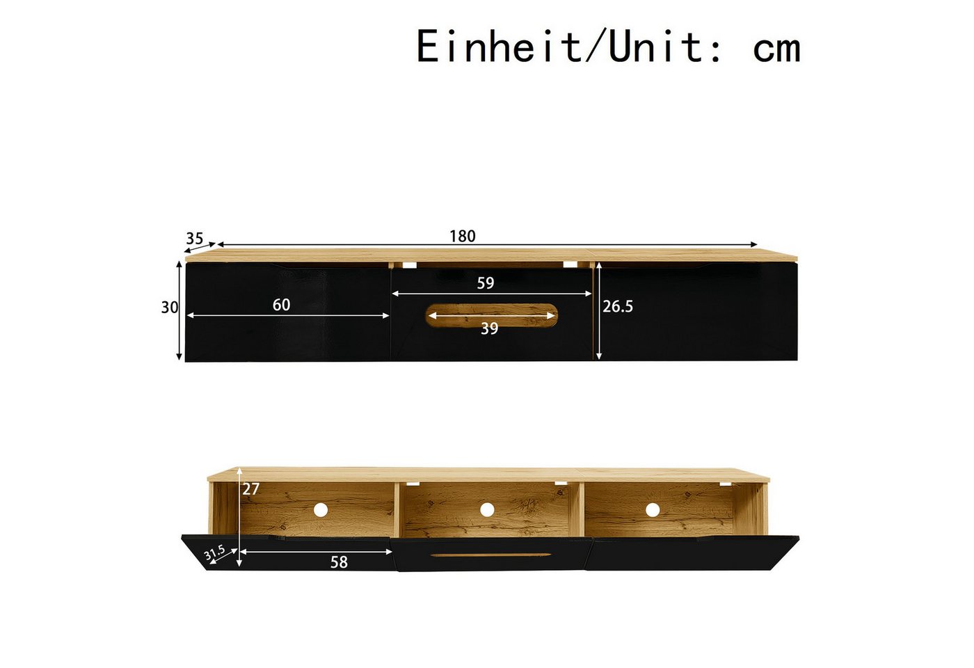 Ulife Lowboard TV hängend, TV-Schrank mit Hochglanzoberfläche, 180cm, wandmontierbar oder bodenmontierbar, mit 16-farbiger LED-Beleuchtung – Bild 2 von 5