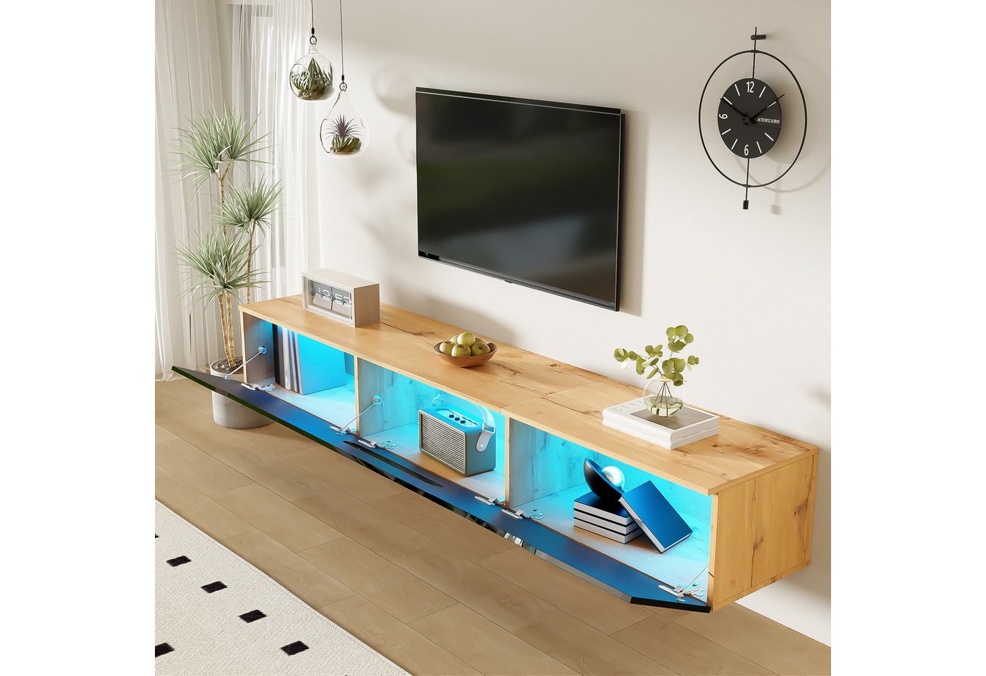 Ulife Lowboard TV hängend, TV-Schrank mit Hochglanzoberfläche, 180cm, wandmontierbar oder bodenmontierbar, mit 16-farbiger LED-Beleuchtung – Bild 3 von 5
