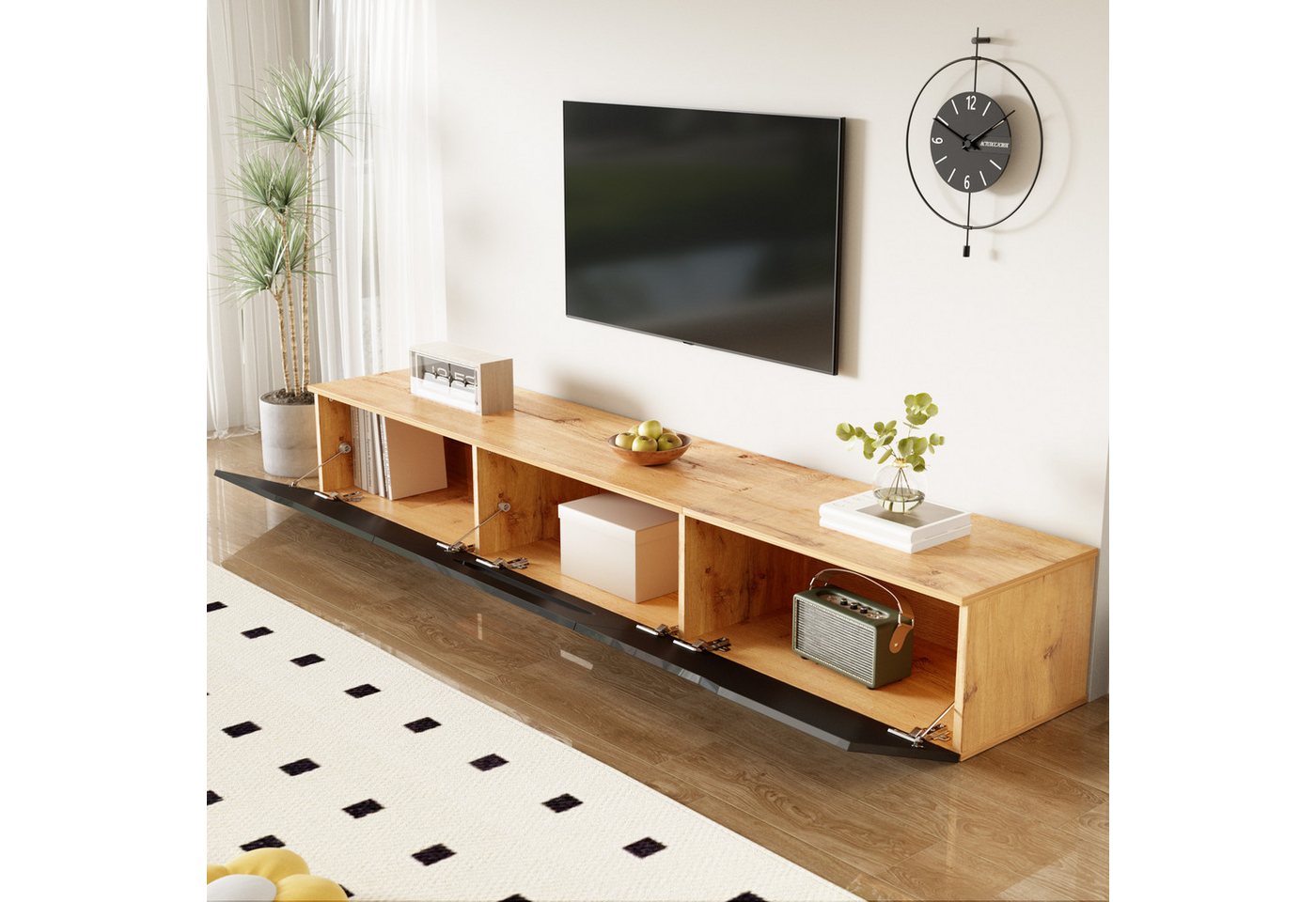 Ulife Lowboard TV hängend, TV-Schrank mit Hochglanzoberfläche, 180cm, wandmontierbar oder bodenmontierbar, mit 16-farbiger LED-Beleuchtung – Bild 4 von 5