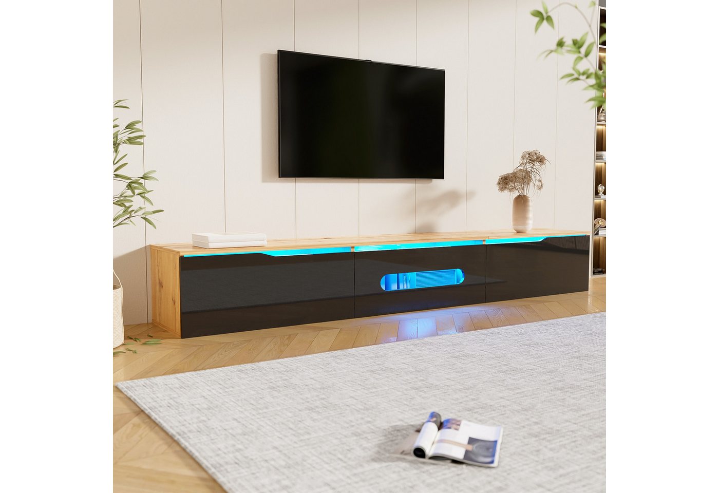 Ulife Lowboard TV hängend, TV-Schrank mit Hochglanzoberfläche, 180cm, wandmontierbar oder bodenmontierbar, mit 16-farbiger LED-Beleuchtung – Bild 5 von 5