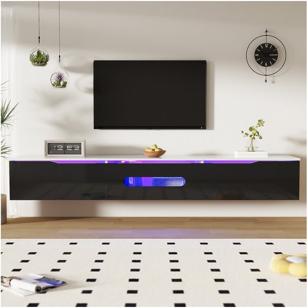 Ulife Lowboard TV hängend, TV-Schrank mit Hochglanzoberfläche, 180cm, wandmontierbar oder bodenmontierbar, mit 16-farbiger LED-Beleuchtung