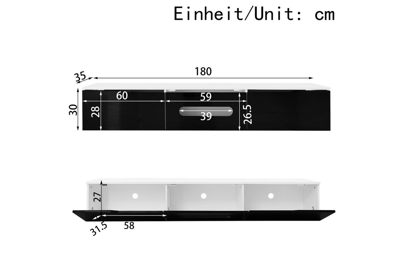 Ulife Lowboard TV hängend, TV-Schrank mit Hochglanzoberfläche, 180cm, wandmontierbar oder bodenmontierbar, mit 16-farbiger LED-Beleuchtung – Bild 2 von 5