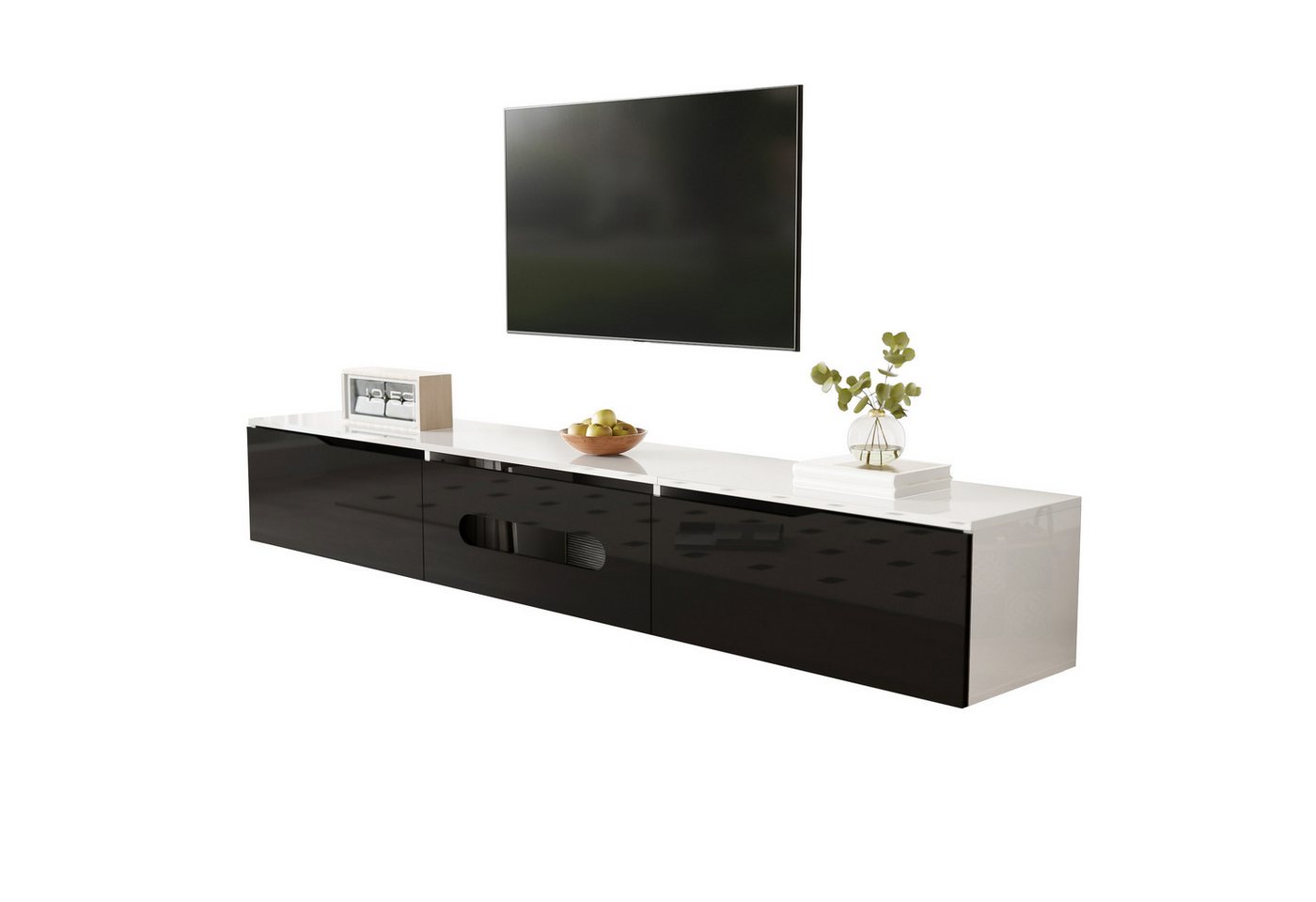Ulife Lowboard TV hängend, TV-Schrank mit Hochglanzoberfläche, 180cm, wandmontierbar oder bodenmontierbar, mit 16-farbiger LED-Beleuchtung – Bild 3 von 5