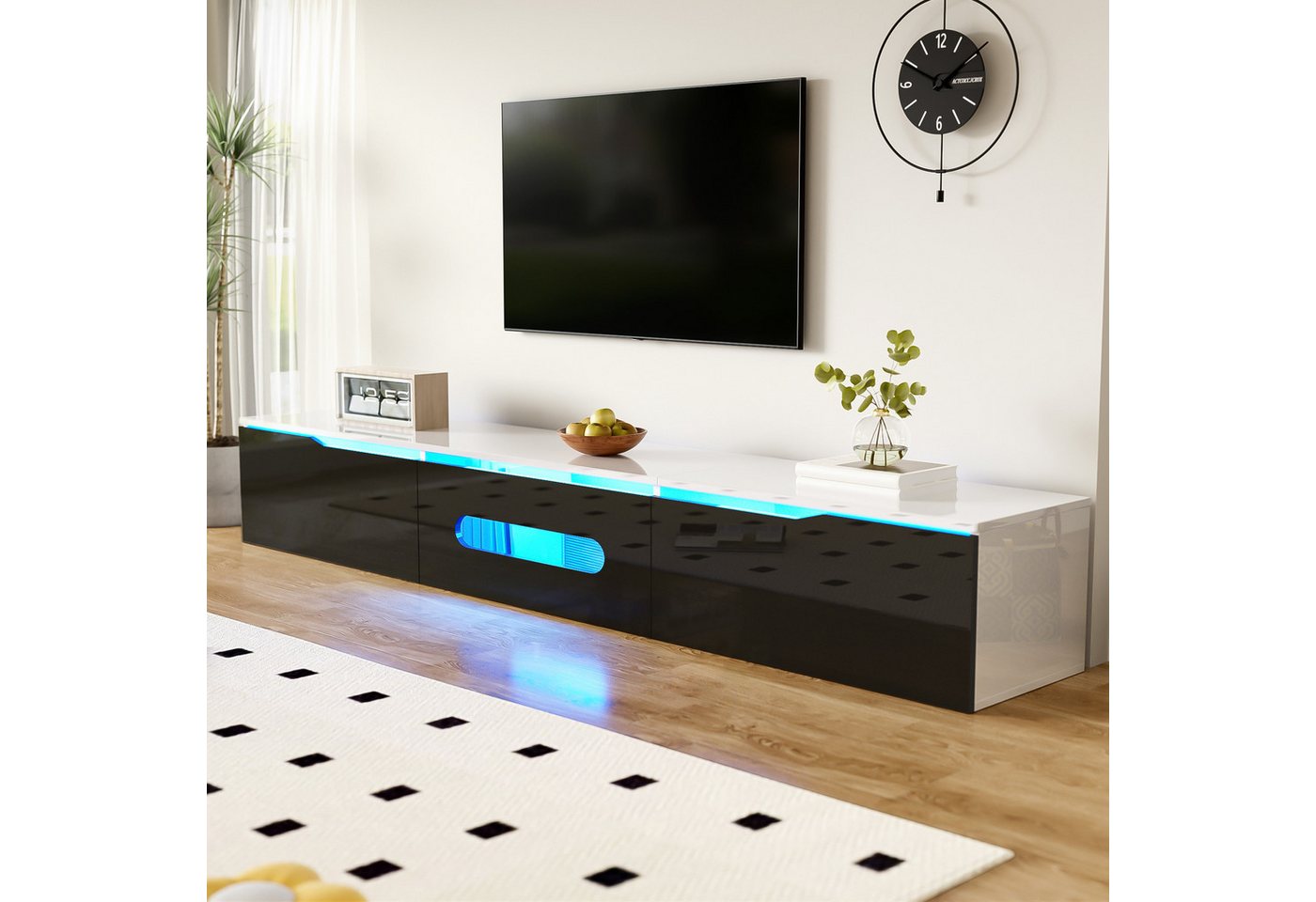 Ulife Lowboard TV hängend, TV-Schrank mit Hochglanzoberfläche, 180cm, wandmontierbar oder bodenmontierbar, mit 16-farbiger LED-Beleuchtung – Bild 4 von 5