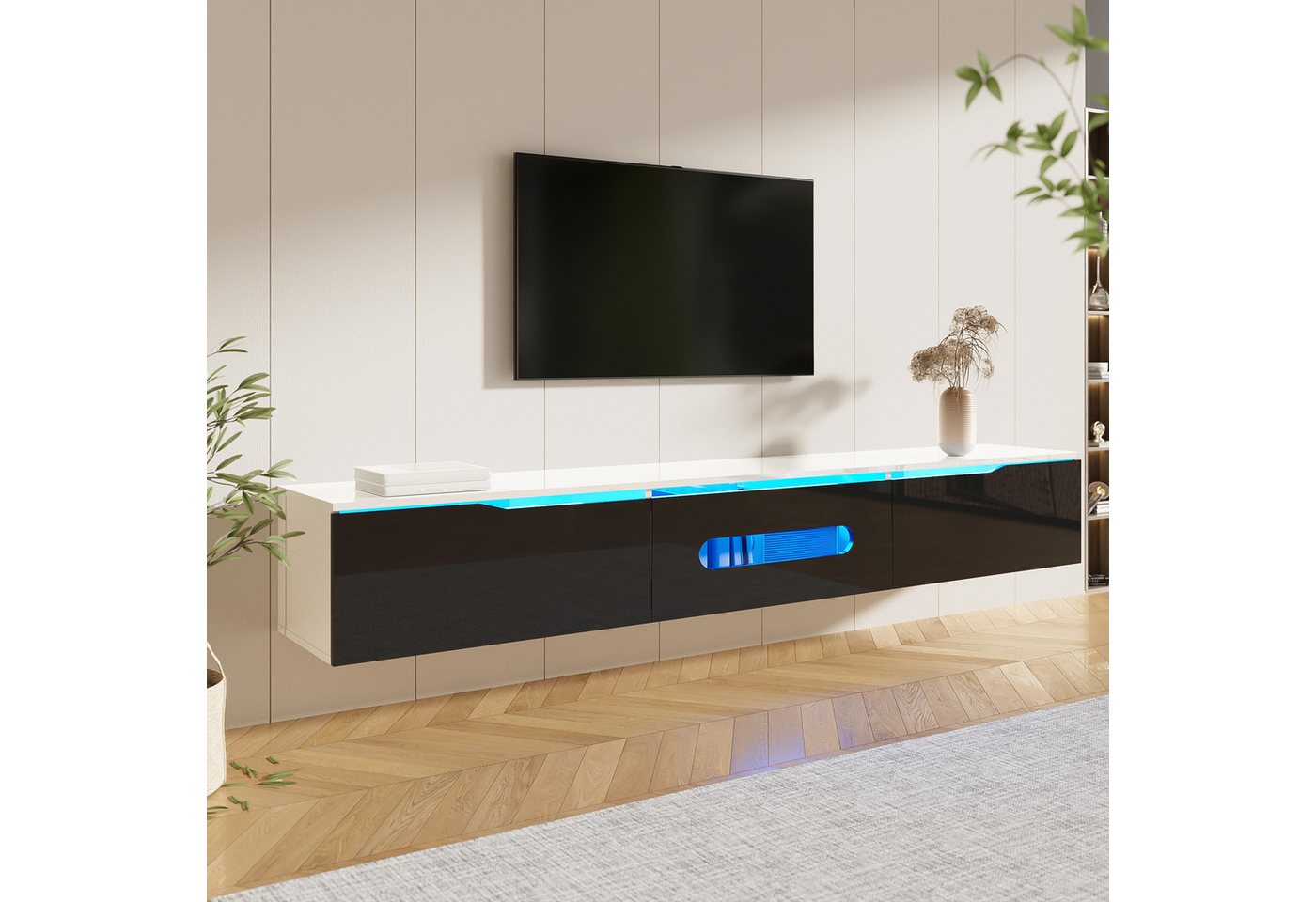 Ulife Lowboard TV hängend, TV-Schrank mit Hochglanzoberfläche, 180cm, wandmontierbar oder bodenmontierbar, mit 16-farbiger LED-Beleuchtung – Bild 5 von 5