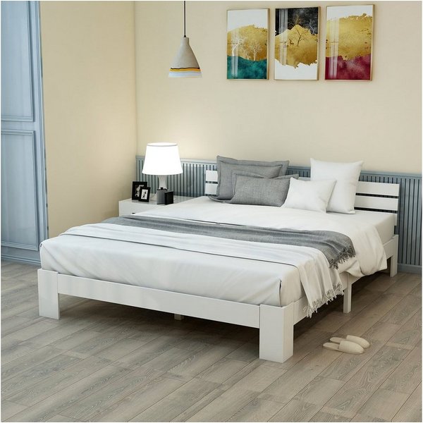 Ulife Massivholzbett 140 x 200 cm, Bettgestell mit Lattenrost, Doppelbett mit Kopfteil (Ohne Matratze), als Kieferbett verwendbar, Weiß