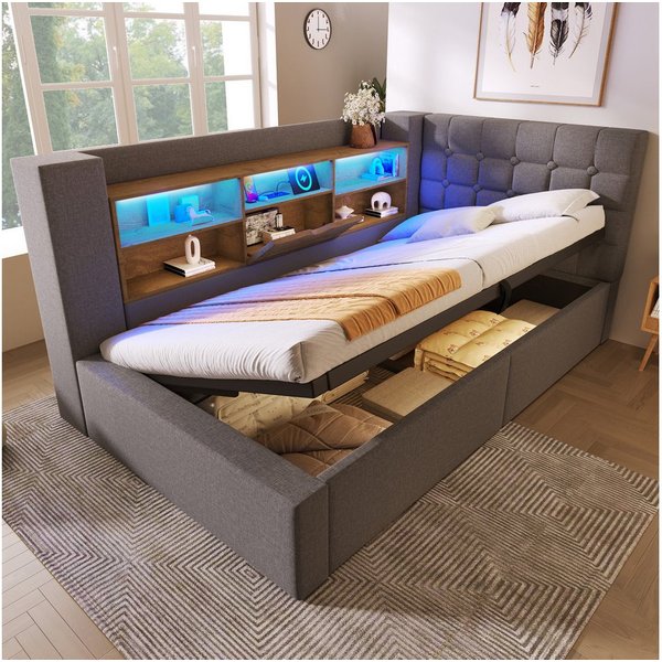 Ulife Polsterbett 140×200cm&weitere Größen mit Bettkasten, LED, hydraulischem Stauraum (1-tlg., Ohne Matratze), L-förmigem Kopfteil beidseitig montierbar, Kinde