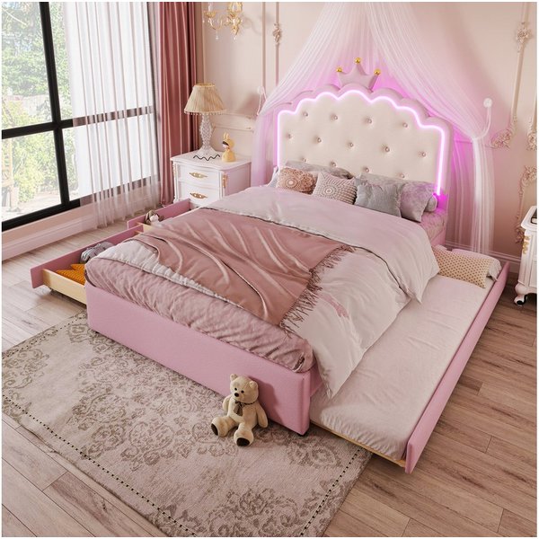 Ulife Polsterbett Jugendbett Kinderbett, Kronprinzessinnen-Design, 2 Schubladen (ohne Matratze), mit LED-Umgebungslicht, Ausziehbett