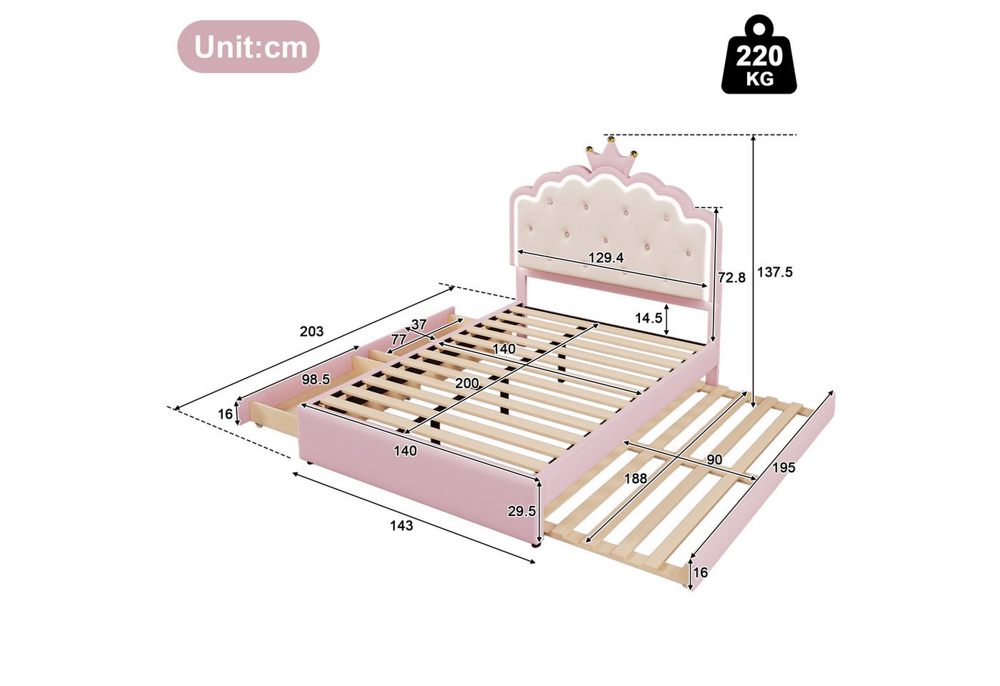 Ulife Polsterbett Jugendbett Kinderbett, Kronprinzessinnen-Design, 2 Schubladen (ohne Matratze), mit LED-Umgebungslicht, Ausziehbett – Bild 2 von 5