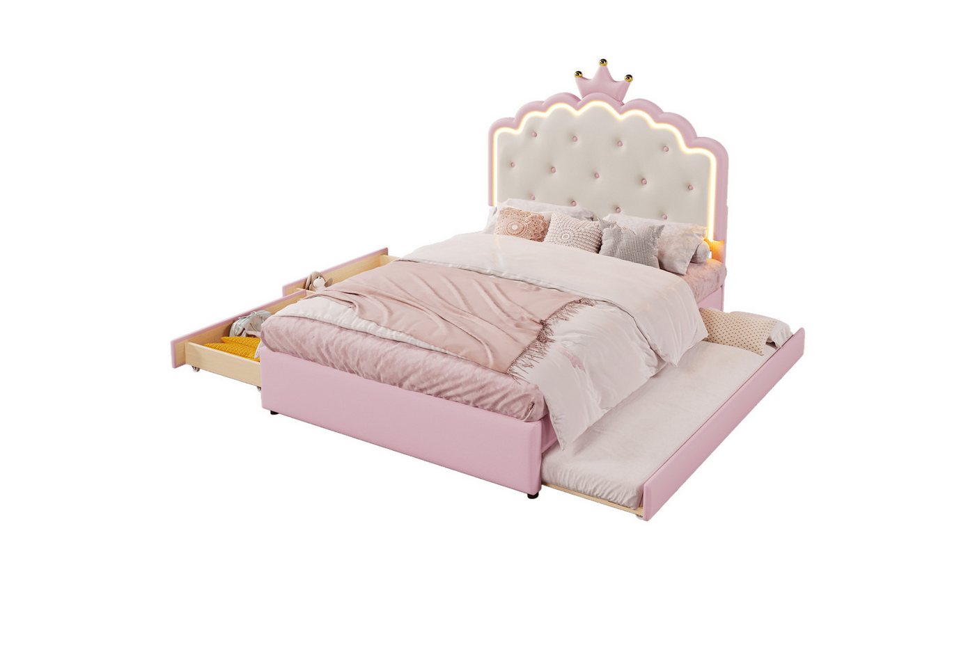Ulife Polsterbett Jugendbett Kinderbett, Kronprinzessinnen-Design, 2 Schubladen (ohne Matratze), mit LED-Umgebungslicht, Ausziehbett – Bild 3 von 5
