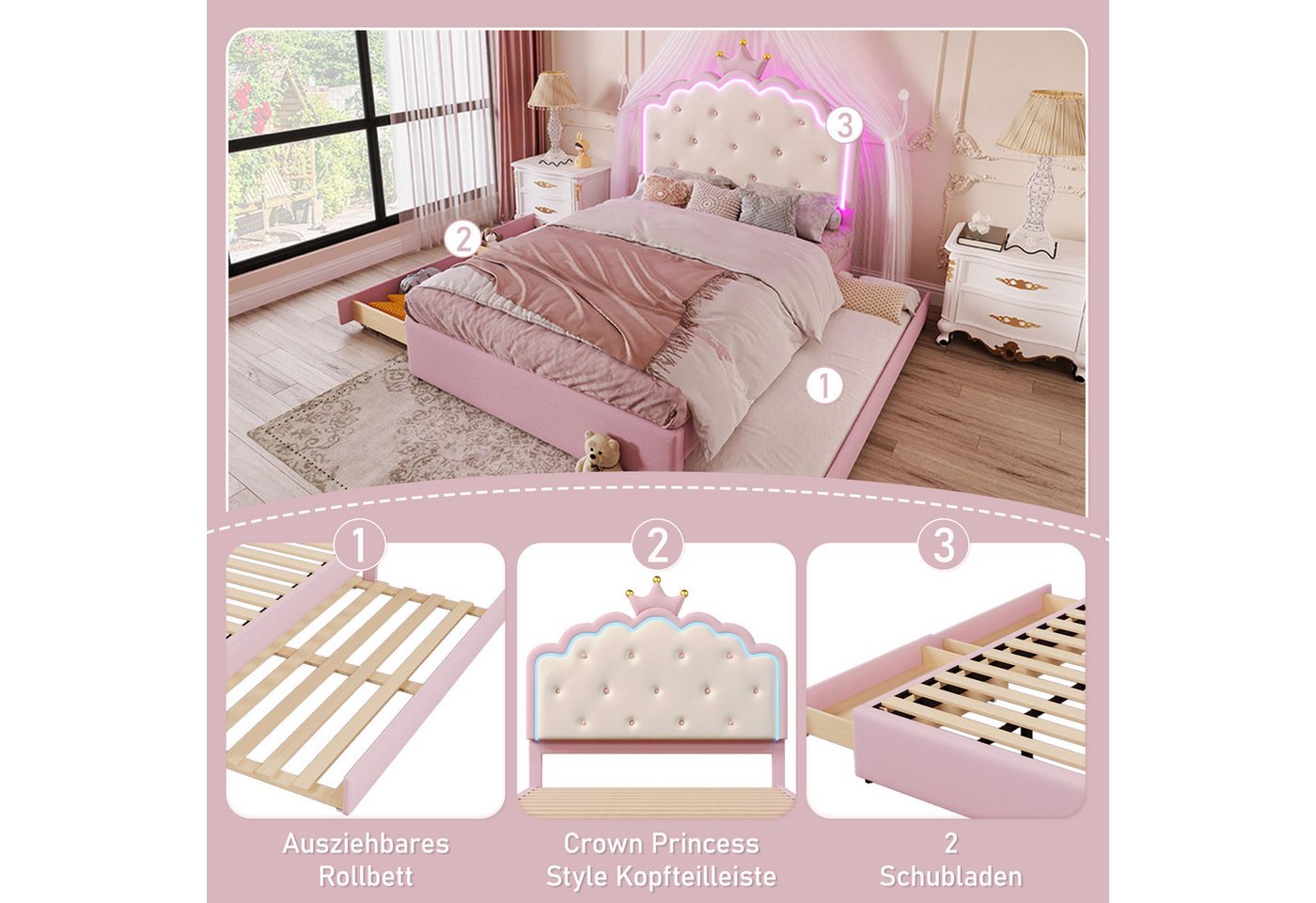 Ulife Polsterbett Jugendbett Kinderbett, Kronprinzessinnen-Design, 2 Schubladen (ohne Matratze), mit LED-Umgebungslicht, Ausziehbett – Bild 5 von 5