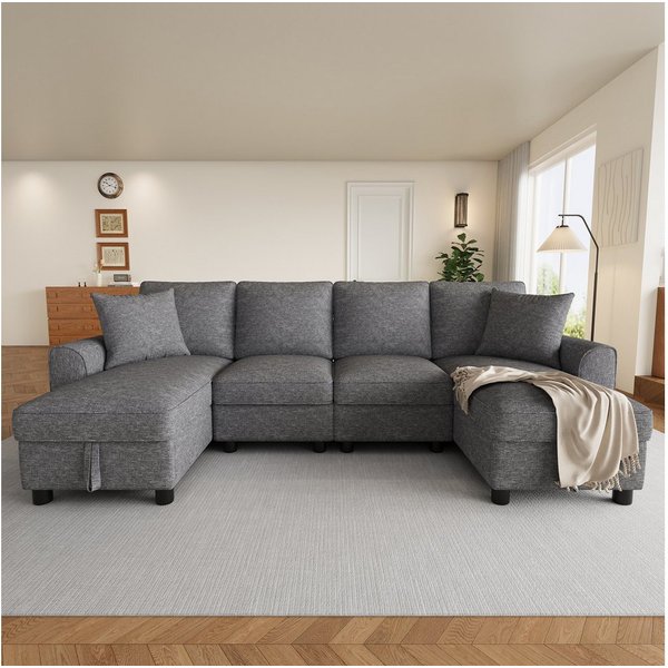 Ulife Sofa Modular-Ecksofa mit Stauraum in der Chaiselongue, multifunktional, U-Form Modell mit 2-Sitzer + zwei Chaiselongues, 280 × 137 × 84 cm