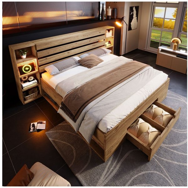 Ulife Stauraumbett aus Holz, mit LED, USB/Type-C, Doppelbett 180/160×200cm (1-tlg., Ohne Matratze), mehr offene Fächer, LED-Nische & 1 Schubladen. Stabilität 18