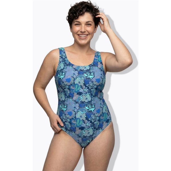 Ulla Popken Badeanzug Badeanzug Blüten ohne Softcups Rundhalsausschnitt