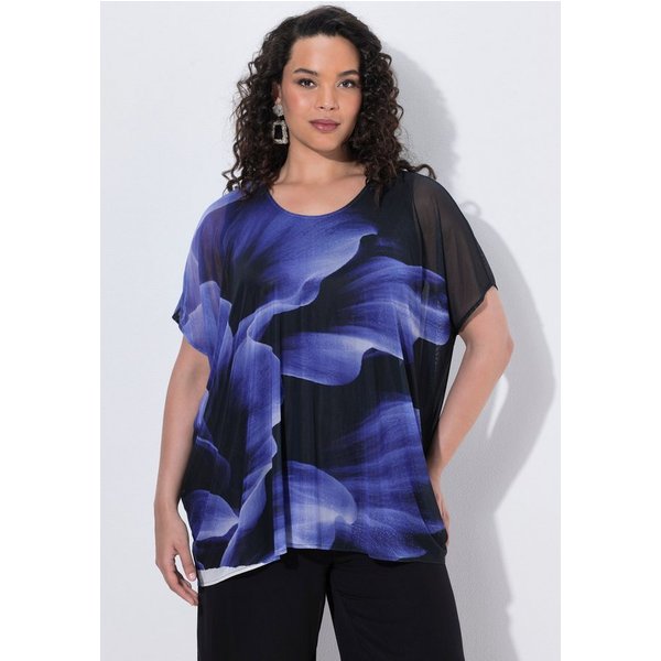 Ulla Popken Druckbluse Mesh-Bluse Blüten Oversized Rundhals Halbarm