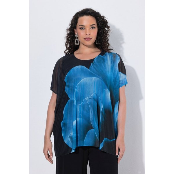Ulla Popken Druckbluse Mesh-Bluse Blüten Oversized Rundhals Halbarm