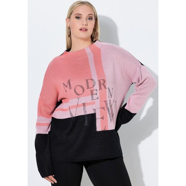 Ulla Popken Jacquardpullover Pullover Glitzer-Schriftzug Stehkragen Langarm