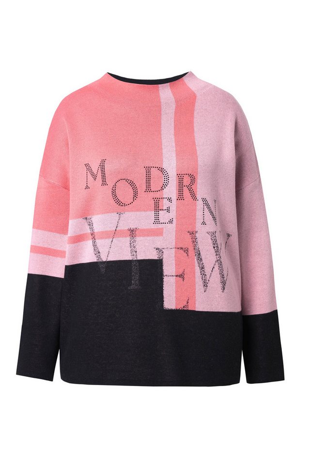 Ulla Popken Jacquardpullover Pullover Glitzer-Schriftzug Stehkragen Langarm – Bild 2 von 4