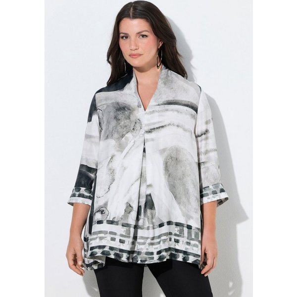 Ulla Popken Longbluse Satinbluse Bordüren A-Linie Kelchkragen 3/4-Arm