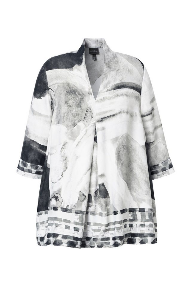 Ulla Popken Longbluse Satinbluse Bordüren A-Linie Kelchkragen 3/4-Arm – Bild 2 von 4