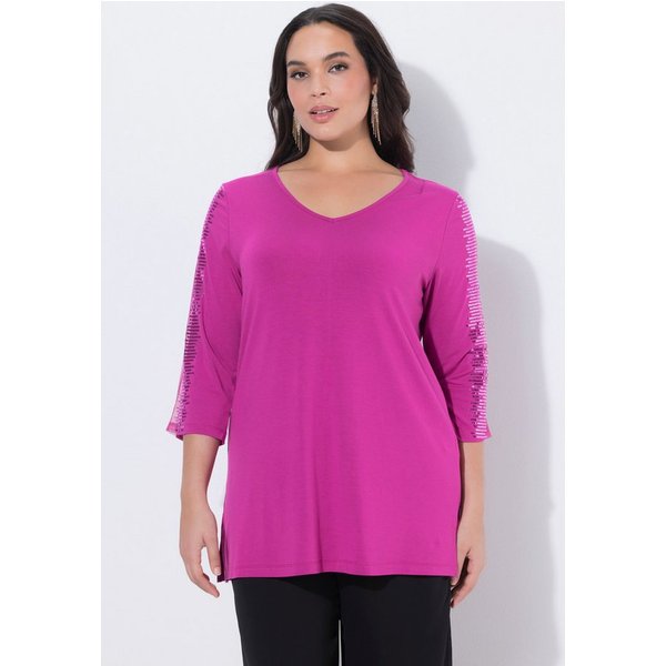 Ulla Popken Longshirt Longshirt Mesh-Einsatz Pailletten V-Ausschnitt