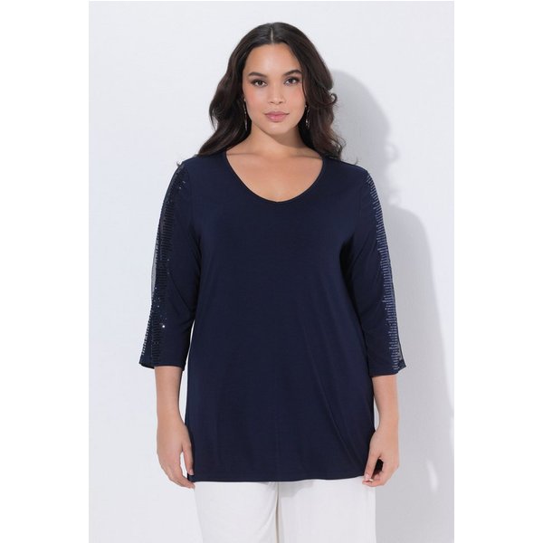 Ulla Popken Longshirt Longshirt Mesh-Einsatz Pailletten V-Ausschnitt
