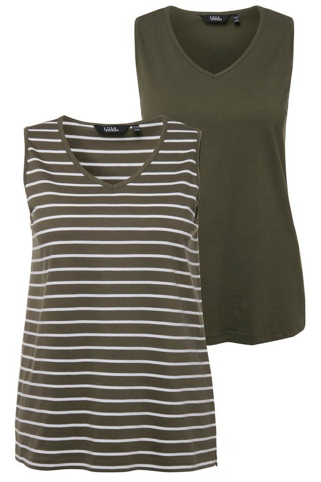 Ulla Popken Longtop Top 2er-Pack Ringel/uni V-Ausschnitt ärmellos (2-tlg) – Bild 3 von 5