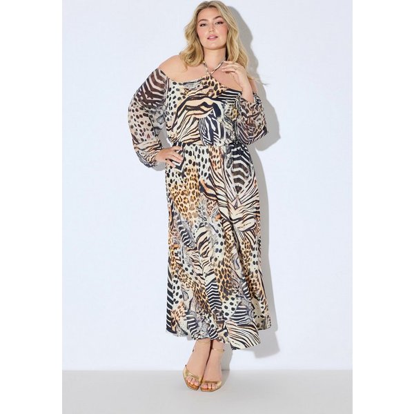 Ulla Popken Maxikleid Offshoulder-Maxikleid Chiffon Animal-Patchprint