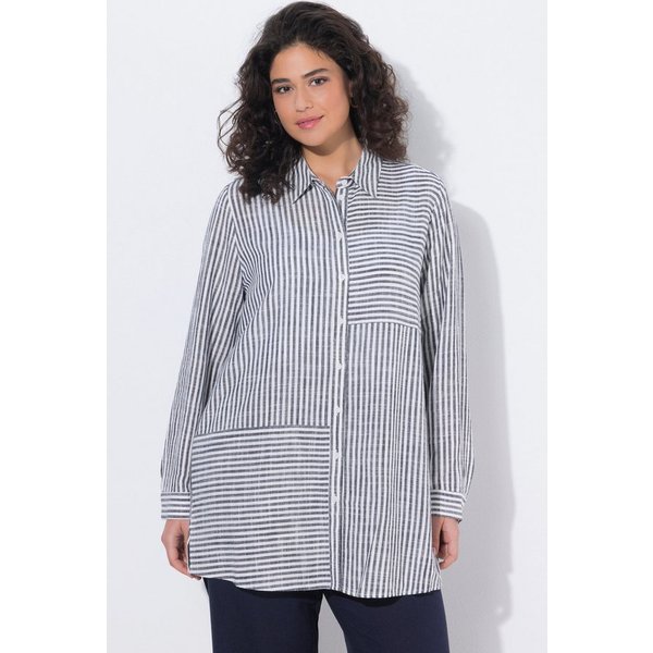 Ulla Popken Satinbluse Bluse Leinenmix Patchmuster Hemdkragen Langarm