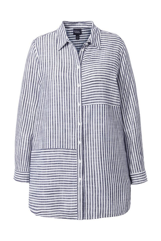 Ulla Popken Satinbluse Bluse Leinenmix Patchmuster Hemdkragen Langarm – Bild 2 von 4