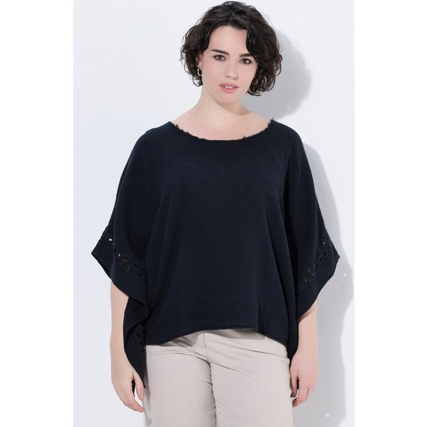 Ulla Popken Schlupfbluse Musselin-Bluse Spitze Oversized Rundhals Halbarm