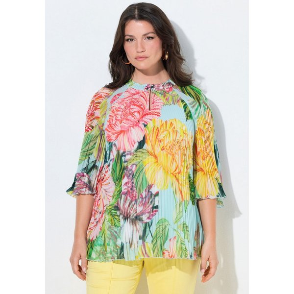 Ulla Popken Schlupfbluse Plissee-Bluse Blüten A-Linie Rundhals 3/4-Arm