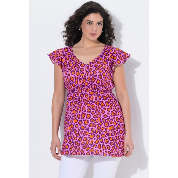 Ulla Popken Spitzenbluse Bluse Leomuster Rüsche A-Linie V-Ausschnitt