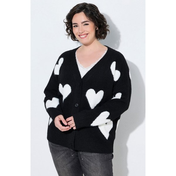 Ulla Popken Strickjacke Strickjacke Herzen Oversized V-Ausschnitt Langarm