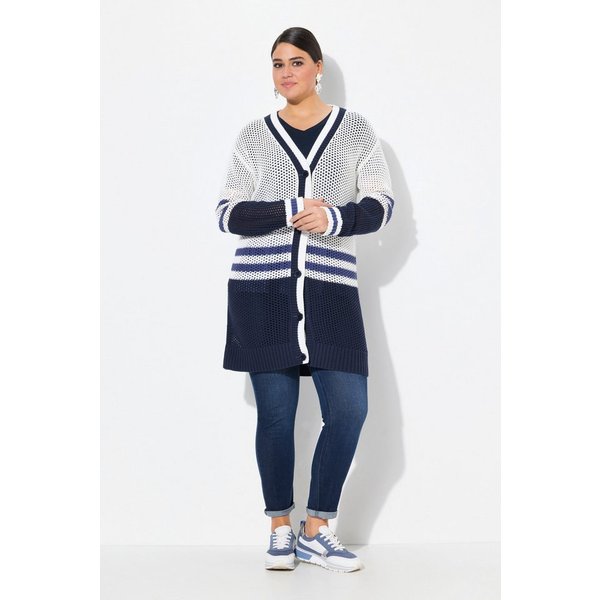 Ulla Popken Strickjacke Long-Strickjacke Streifen V-Ausschnitt Langarm