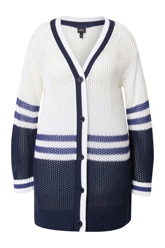 Ulla Popken Strickjacke Long-Strickjacke Streifen V-Ausschnitt Langarm – Bild 2 von 4