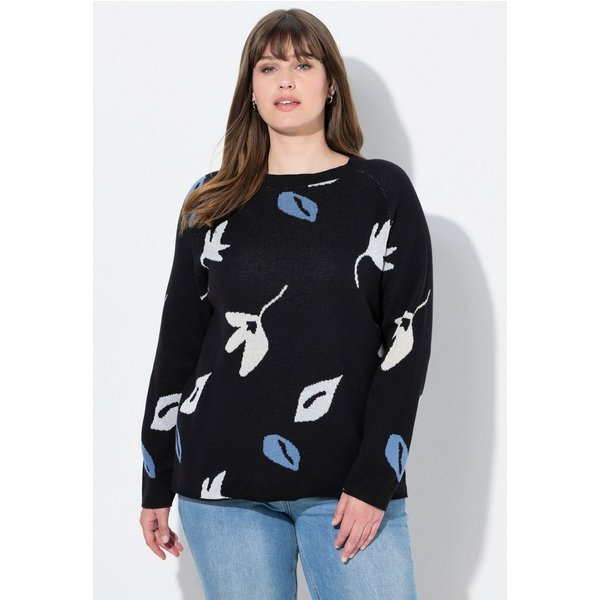 Ulla Popken Strickpullover Pullover Blätter U-Boot-Ausschnitt Langarm