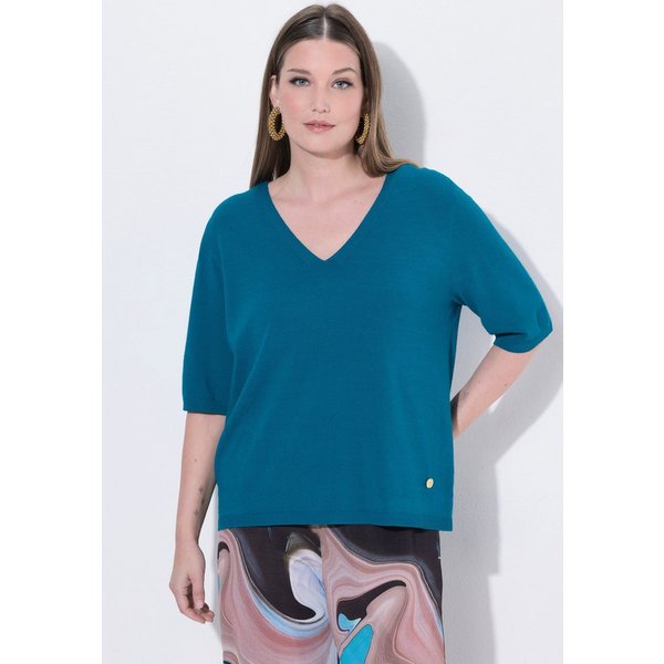 Ulla Popken Strickpullover Pullover elastischer Saum V-Ausschnitt Halbarm
