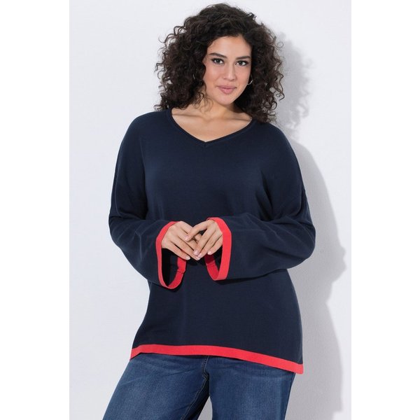 Ulla Popken Strickpullover Pullover farbige Bündchen V-Ausschnitt Langarm