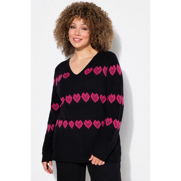 Ulla Popken Strickpullover Pullover Herzen V-Ausschnitt Langarm
