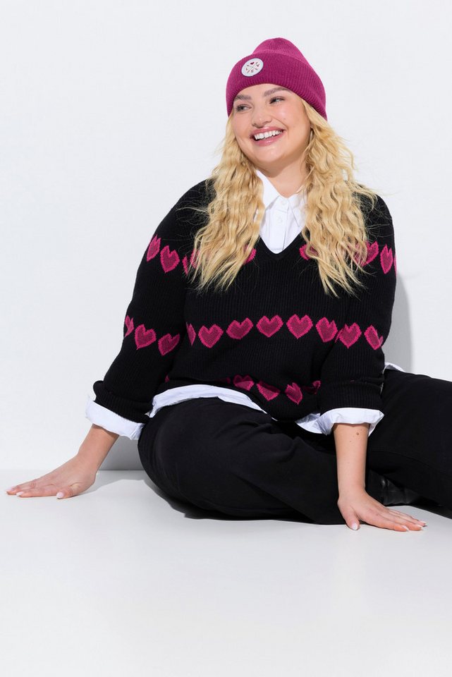 Ulla Popken Strickpullover Pullover Herzen V-Ausschnitt Langarm – Bild 4 von 5