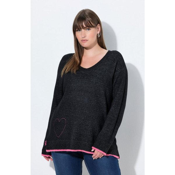 Ulla Popken Strickpullover Pullover Herzstickerei V-Ausschnitt Langarm