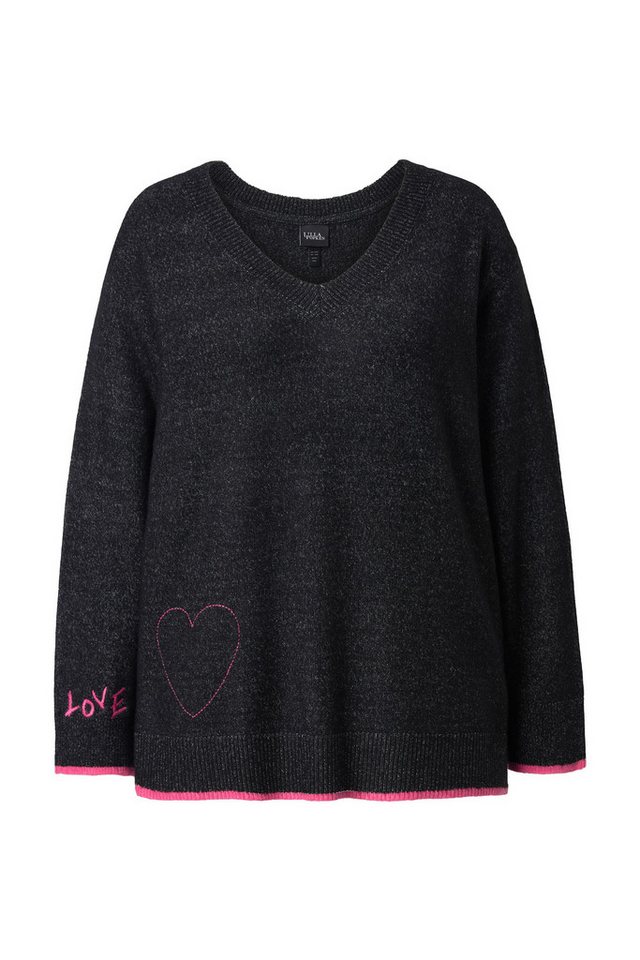 Ulla Popken Strickpullover Pullover Herzstickerei V-Ausschnitt Langarm – Bild 2 von 4