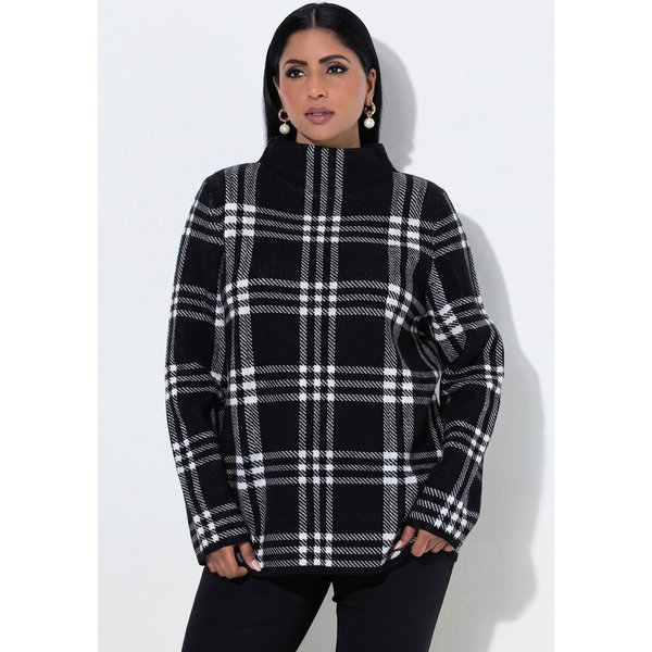 Ulla Popken Strickpullover Pullover Karo Glitter Stehkragen Langarm