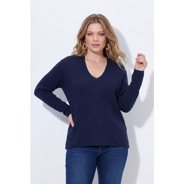 Ulla Popken Strickpullover Pullover Kelchkragen V-Ausschnitt Langarm