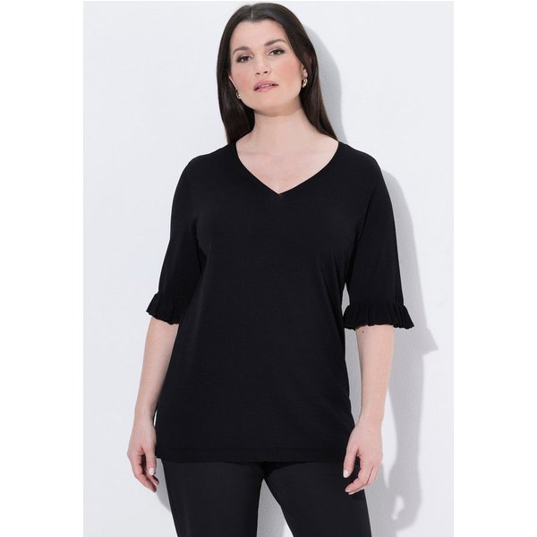 Ulla Popken Strickpullover Pullover V-Ausschnitt Rüschen-Halbarm