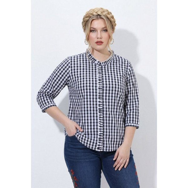 Ulla Popken Trachtenbluse Bluse Karomuster Rüschen Stehkragen 3/4-Arm