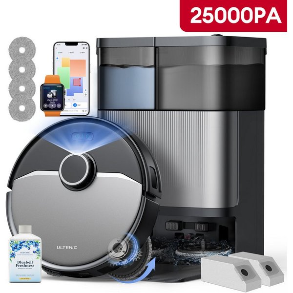 Ultenic Nass-Trocken-Saugroboter saugroboter mit wischfunktion,25000Pa,9 in 1,DualSpin-Wischsystem, mit Beutel, Saug und Wischroboter,Automatikstation,Dual-Airf